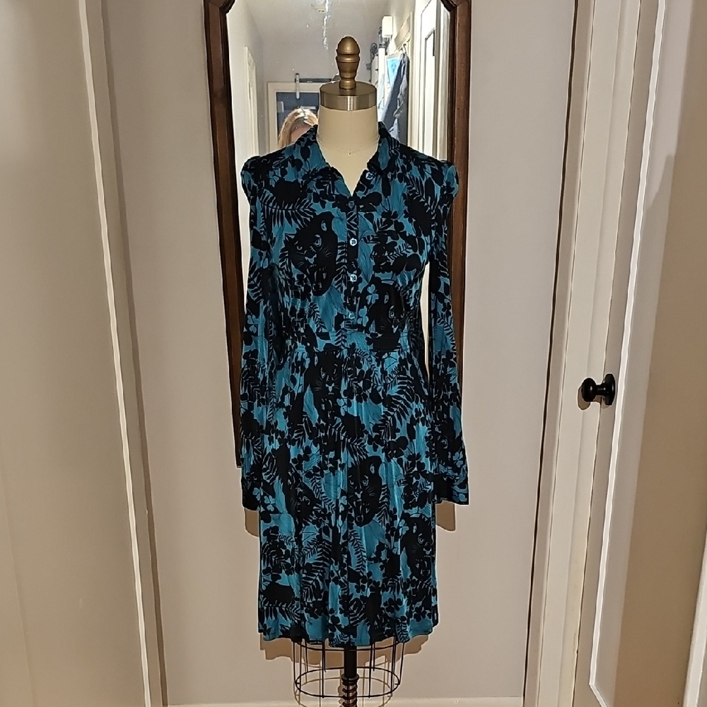 H&M Black and Blue Patterned Long Sleeve Dress
